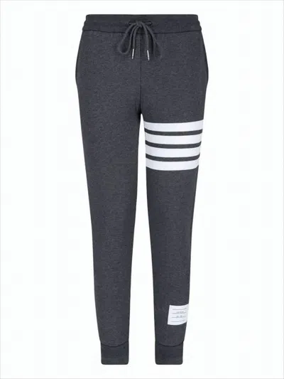 Thom Browne Dark Grey Cotton Jogger Pants With Striped Detailing In Gray