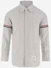 Thom Browne Vertical Stripe Long-sleeve Shirt With Tricolor Detail In Gray