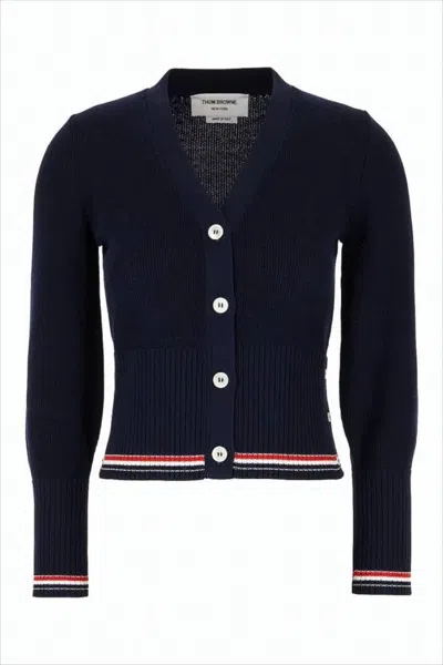 Thom Browne Deep V-neck Cardigan With Tricolor Accents In Blue