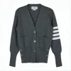 Thom Browne Deep V-neck Merino Wool Cardigan With Signature Stripes In Gray