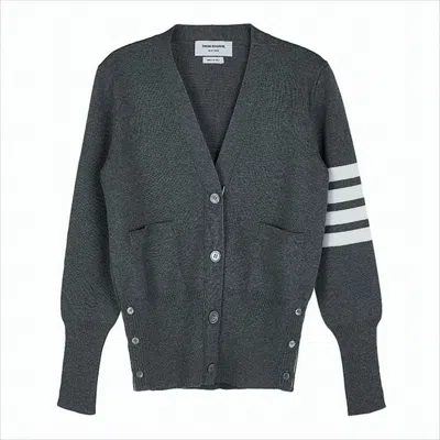 Thom Browne Deep V-neck Merino Wool Cardigan With Signature Stripes In Gray