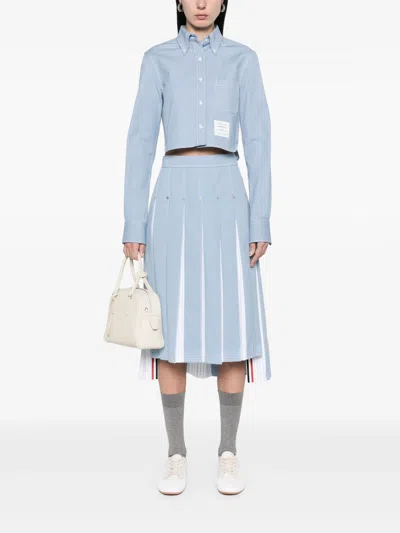 Thom Browne Denim Classic Cropped Long Sleeve Shirt Women In Blue