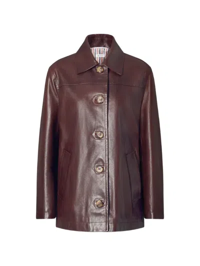 Thom Browne Dockside Leather Coat In Brown