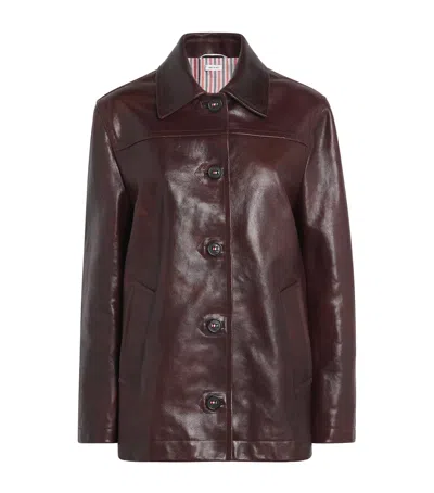 Thom Browne Dockside Leather Coat In Burgundy