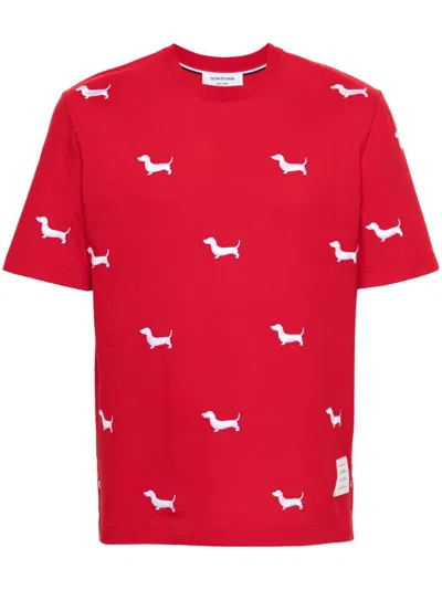 Thom Browne Dog-embroidery T-shirt In Red