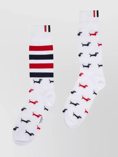 Thom Browne Dog Motif Striped Pattern Mid-calf Socks In White