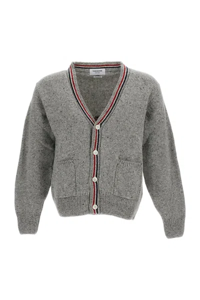 Thom Browne Donegal Yarn Cardigan With Rwb Intarsia And Patchwork Detail In Gray
