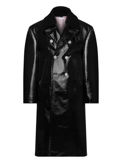 Thom Browne Double-breasted Leather Coat In Black
