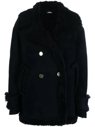 Thom Browne Double-breasted Shearling Peacoat In Blue
