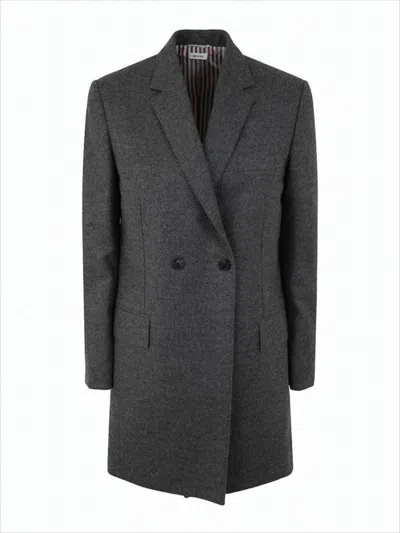 Thom Browne Double-breasted Tailored Coat With Notched Lapels And Striped Detailing In White