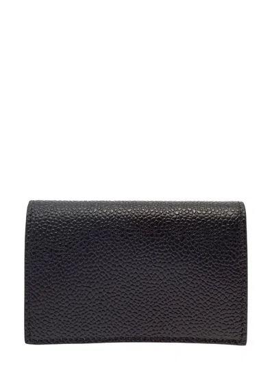 Thom Browne Double Card Holder In Pebble Grain Leather In Black