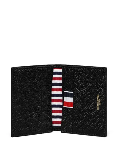 Thom Browne Double Card Holder W/ Goose Half Drop Embroidery In Pebble Grain Leather In Black