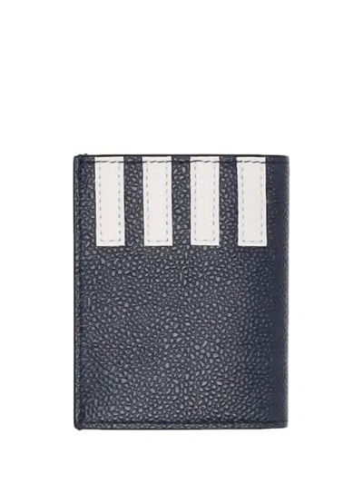 Thom Browne Double Card Holder W/ Side 4 Bar Stripes In Pebble Grain Leather In Blue