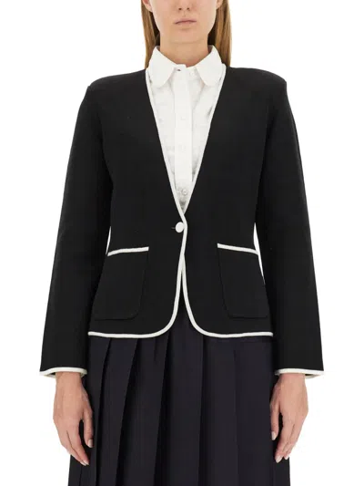 Thom Browne Double Face Merino Wool Tipping Collarless Jacket In Black