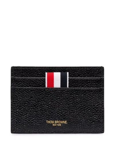 Thom Browne Double Sided Card Holder W/ Rwb Gg Tab In Pebble Grain Leather In Black