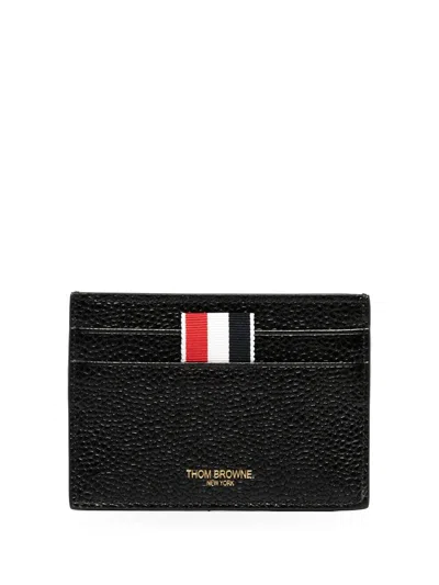 Thom Browne Double Sided Card Holder With Rwb Gg Tab In Pebble Grain Leather In Black