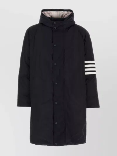 THOM BROWNE DOWN JACKET WITH HOOD AND STRIPED SLEEVES