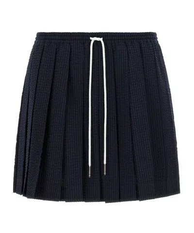 Thom Browne Seersucker Drawstring Pleated Mini Skirt In Blue