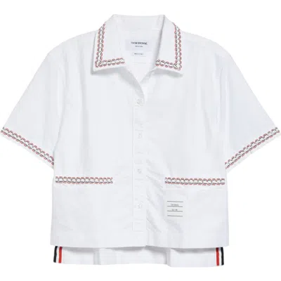 Thom Browne Drop Back Crop Short Sleeve Cotton Button-up Shirt In White