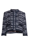 Thom Browne Drop Back Mélange Tulle Yarn Tweed Crop Cardigan Jacket In Navy