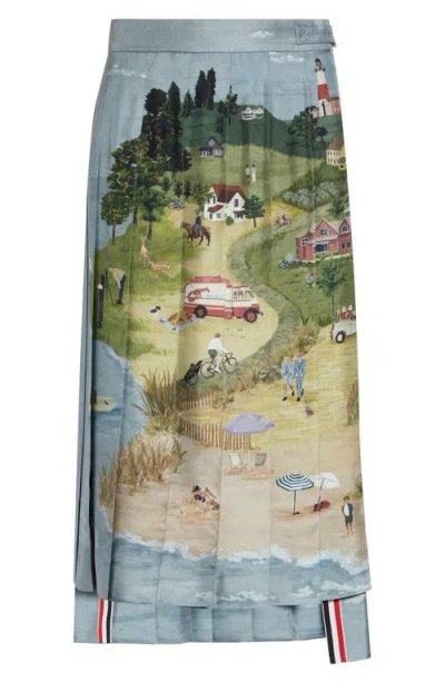 Thom Browne Drop Back Pleated Silk Skirt In Blue