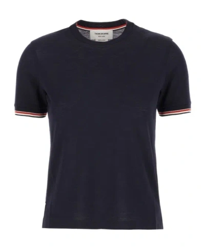 Thom Browne Rwb Stripe Short-sleeve Fine-knit T-shirt In Blue