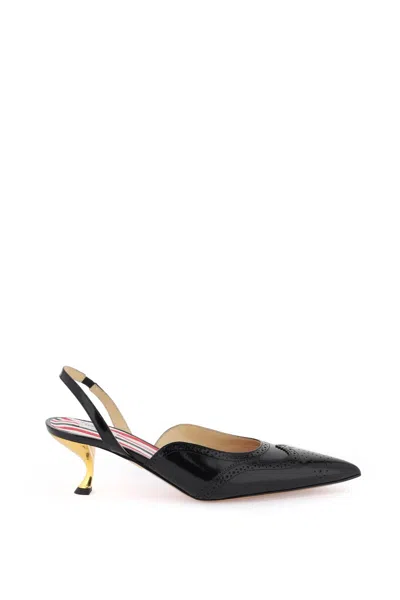 Thom Browne Elegant Black Slingback Pumps With Brogue Detailing And Mirrored Heel For Women