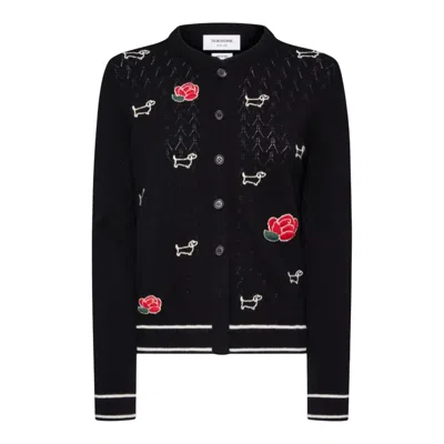 Thom Browne Emb Hector And Rose Pointelle Cardigan Women In Black