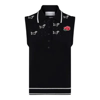 Thom Browne Emb Hector And Rose Pointelle Polo Women In Black