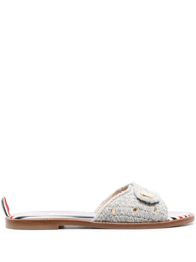 Thom Browne Embossed-button Tweed Flat Sandals In Grey