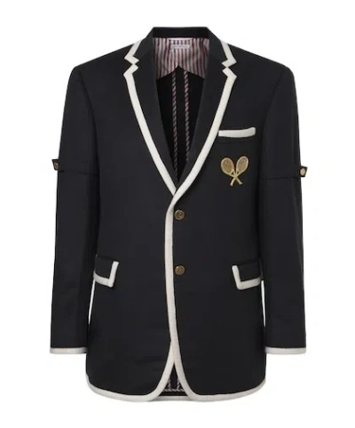 Thom Browne Embroidered Cashmere Zibeline Blazer In Blue
