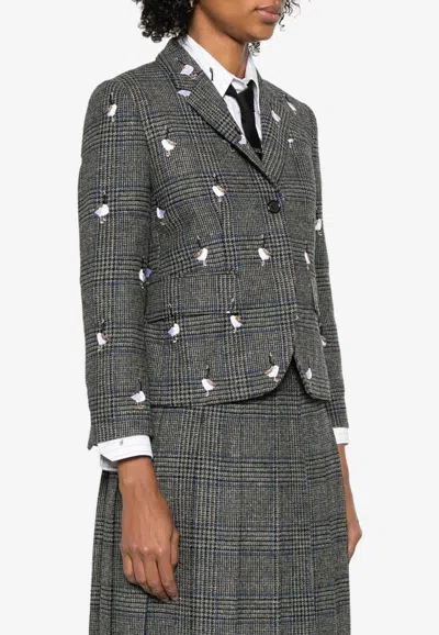 Thom Browne Embroidered Geese Prince Of Wales Tweed Blazer In Gray