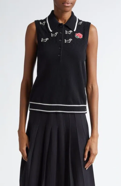 Thom Browne Black Pointelle Jersey Hector & Rose Sleeveless Polo