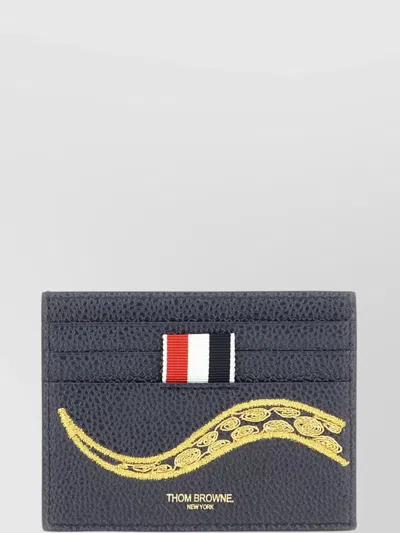 Thom Browne Embroidered Leather Card Holder In Blue