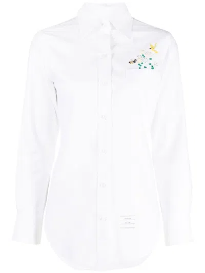 Thom Browne Embroidered Long-sleeve Shirt In White