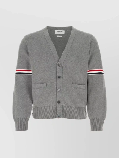 Thom Browne Embroidered Sleeve Milano Stitch Cardigan In Gray