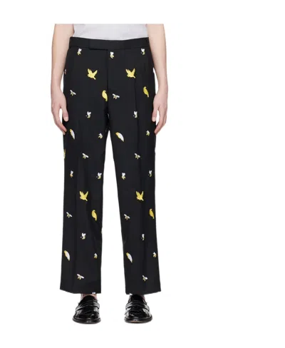 Thom Browne Birds And Bees Embroidered Straight-leg Trousers In Black