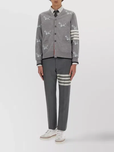 Thom Browne Embroidered Striped Wool Cardigan Pockets In Grey