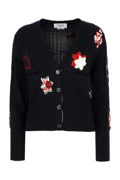 THOM BROWNE EMBROIDERED WOOL CARDIGAN
