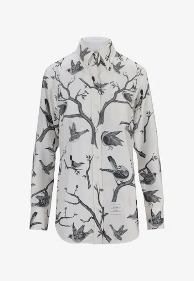 Thom Browne Engineered Bird Toile Print Silk Shirt In White
