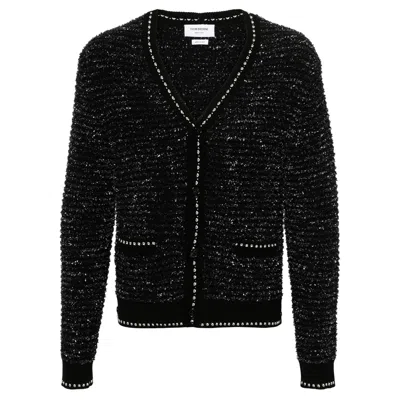 Thom Browne Eyelash Tweed Jacquard V Neck Cardigan Men In Gray