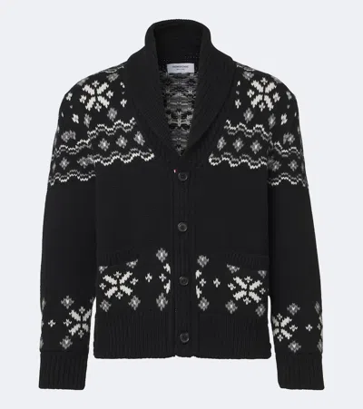 Thom Browne Shawl-collar Jacquard-knitted Cashmere Cardigan In Black