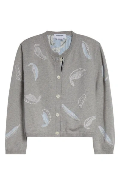Thom Browne Feather Intarsia Cashmere Cardigan In Gray