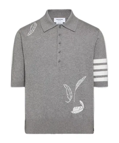 Thom Browne Feather-intarsia Cotton Polo Shirt In Gray