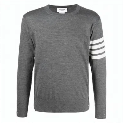 THOM BROWNE FINE-KNIT GREY MERINO WOOL SWEATER WITH STRIPED ACCENT