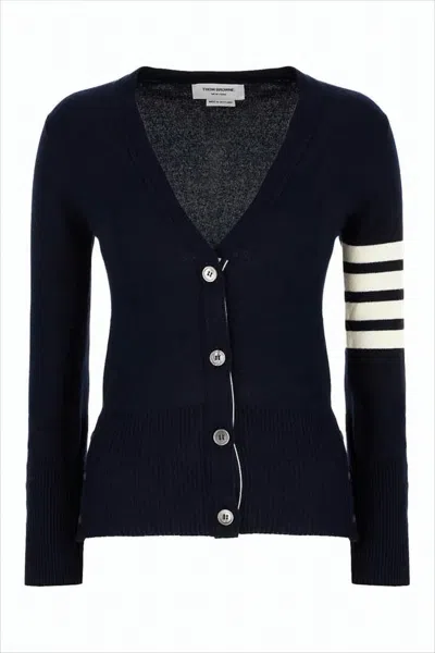Thom Browne Fitted Cashmere Cardigan With Distinctive Striped Sleeves In Blue