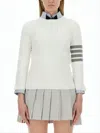 Thom Browne Fitted Knit Top With High Neckline And Striped Sleeve In White