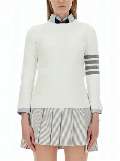 Thom Browne Fitted Knit Top With High Neckline And Striped Sleeve In White