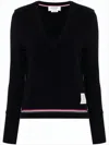 Thom Browne Fitted Long-sleeve V-neck Top With Ribbed Details In Black