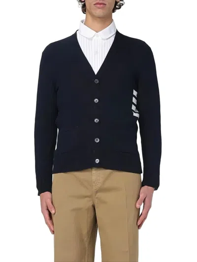 Thom Browne Fitted V-neck Cardigan With Striped Accents In Blue